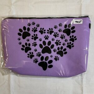 The Pouch Cosmetic Bag Womens OS Purple NWT Paw Print Heart Zipper Travel Pouch